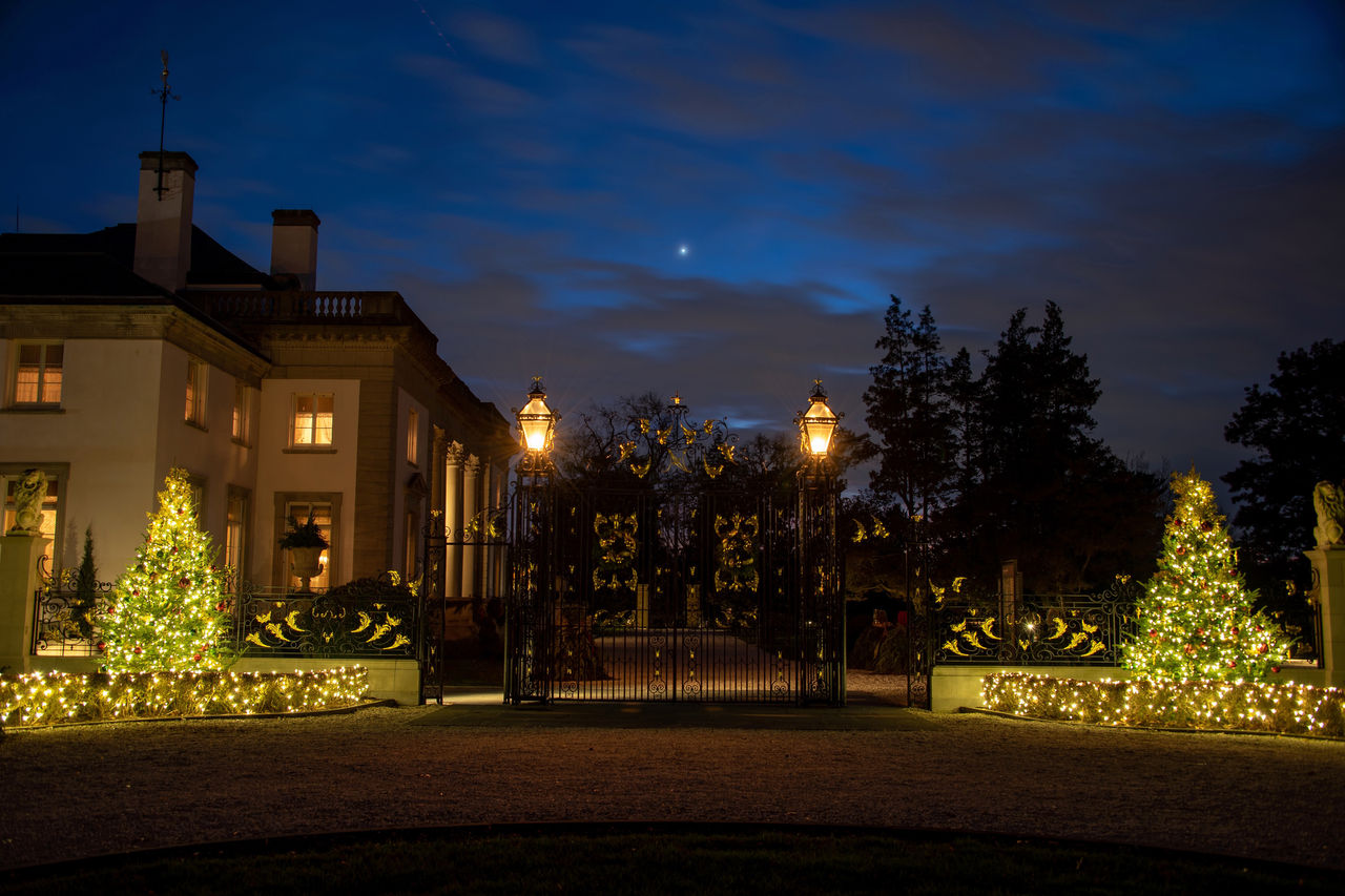 Nemours Estate at night with the decorated for the Noël event in December
