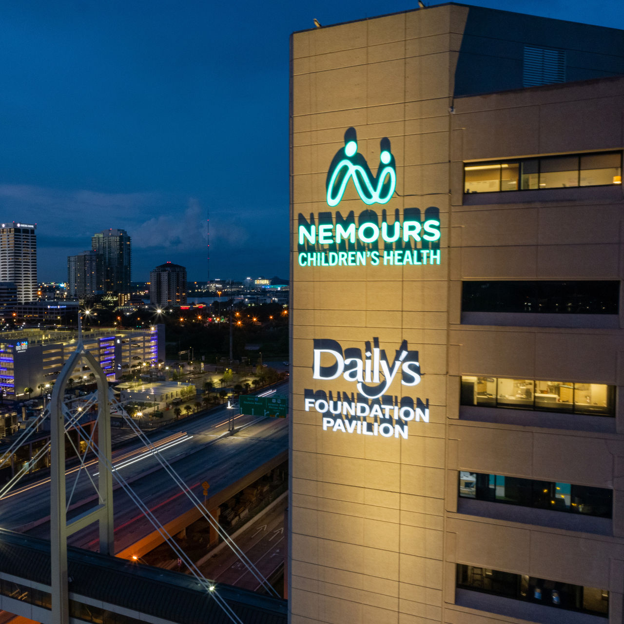 Night time arial shot of the Nemours Children's Health, Jacksonville.